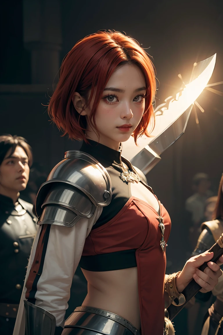 8k, best quality, highres, realistic, real person, A solitary warrior in a suspicious arena setting, without the demon lord. The warrior, lightly armored and with a sly smile, wields a large, ornately decorated axe. They have short red hair. The background is a mysterious and ominous arena, with a sense of danger and suspense. The lighting is dim and dramatic, enhancing the warrior's intense and cunning appearance.