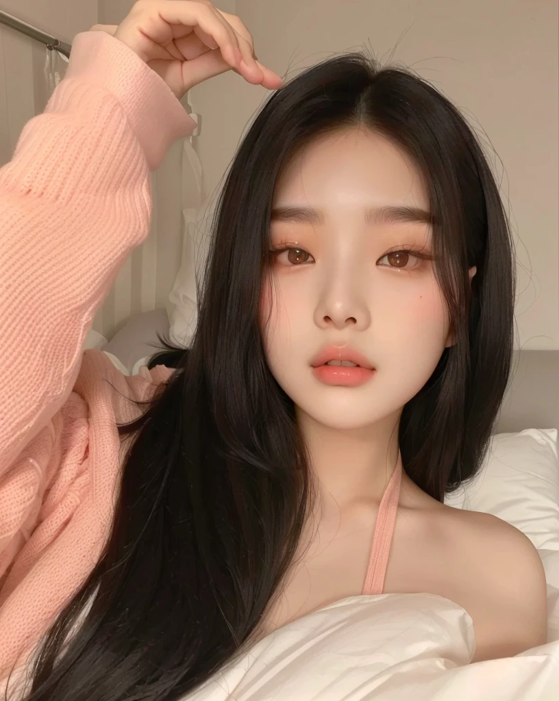 Araffe Asian woman with long black hair lying on the bed, jennie pink black, ulzzang, beautiful south korean woman, Beautiful young Korean woman, young and adorable korean face, korean girl, Beautiful young Korean woman, pale korean adorable face, Young cute pale asian face, with round face, south east asian with round face, Korean face features, pale round face