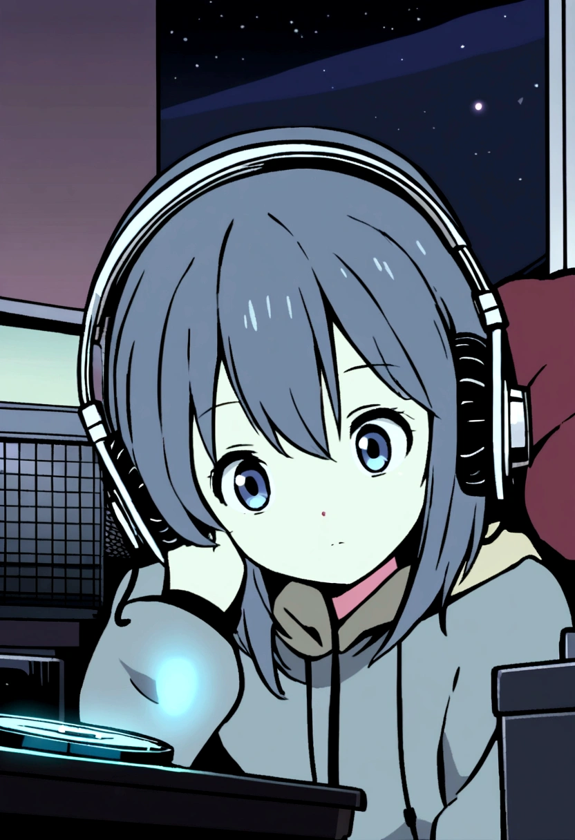 Girl listening to music in a cozy room at night, Using headphones, 2D style anime, Lo-fi, hard disk, Dark environment