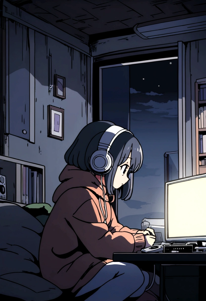 Girl listening to music in a cozy room at night, Using headphones, 2D style anime, Lo-fi, hard disk, Dark environment