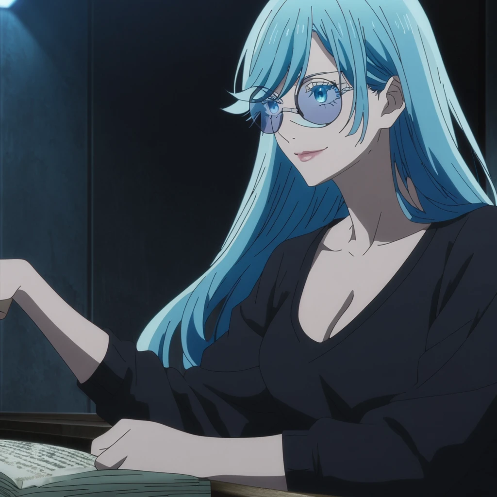 1girl, female gojo satoru, anime screencap from jujutsu kaisen, gojo satoru female version, solo, very long_hair, ((smooth texture hair)) blue eyes, ((white eyelashes)), ((very long Persian blue_hair)), night view, breasts, upper_body, smile, indoors, book, bangs, blue_eyes, lips, (wearing round sunglasses) (( very long hair, swept bangs)) wearing black color sweater, breast, "very detailed and high resolution" (blue eyes) ((one hand on the chin)) ((smooth texture hair)) ((solo)) ((high resolution)) ((upper body)) (Good quality) cleavage, (sitting) ((Persian blue hair))