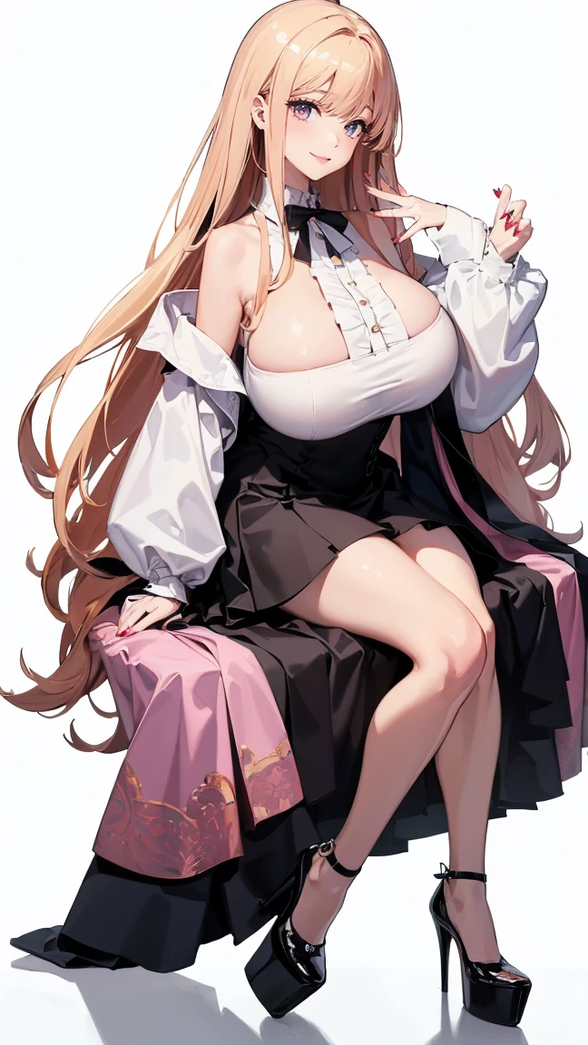 ((masterpiece, high resolution, better quality, better details)), ((Marin Kitagawa)), ((Smiling)), a girl modeling standing, mini skirt, blouse with long sleeves, ((big neckline)), ((platform high heels)), pink eyes with black outline, (light blonde hair, straight hair, straight bangs, long hair)), long nails, pink nails, (((curvy body))), shiny skin, ((side view)), solo, bare shoulders, full body, focus full body, high heels, ((White background)),