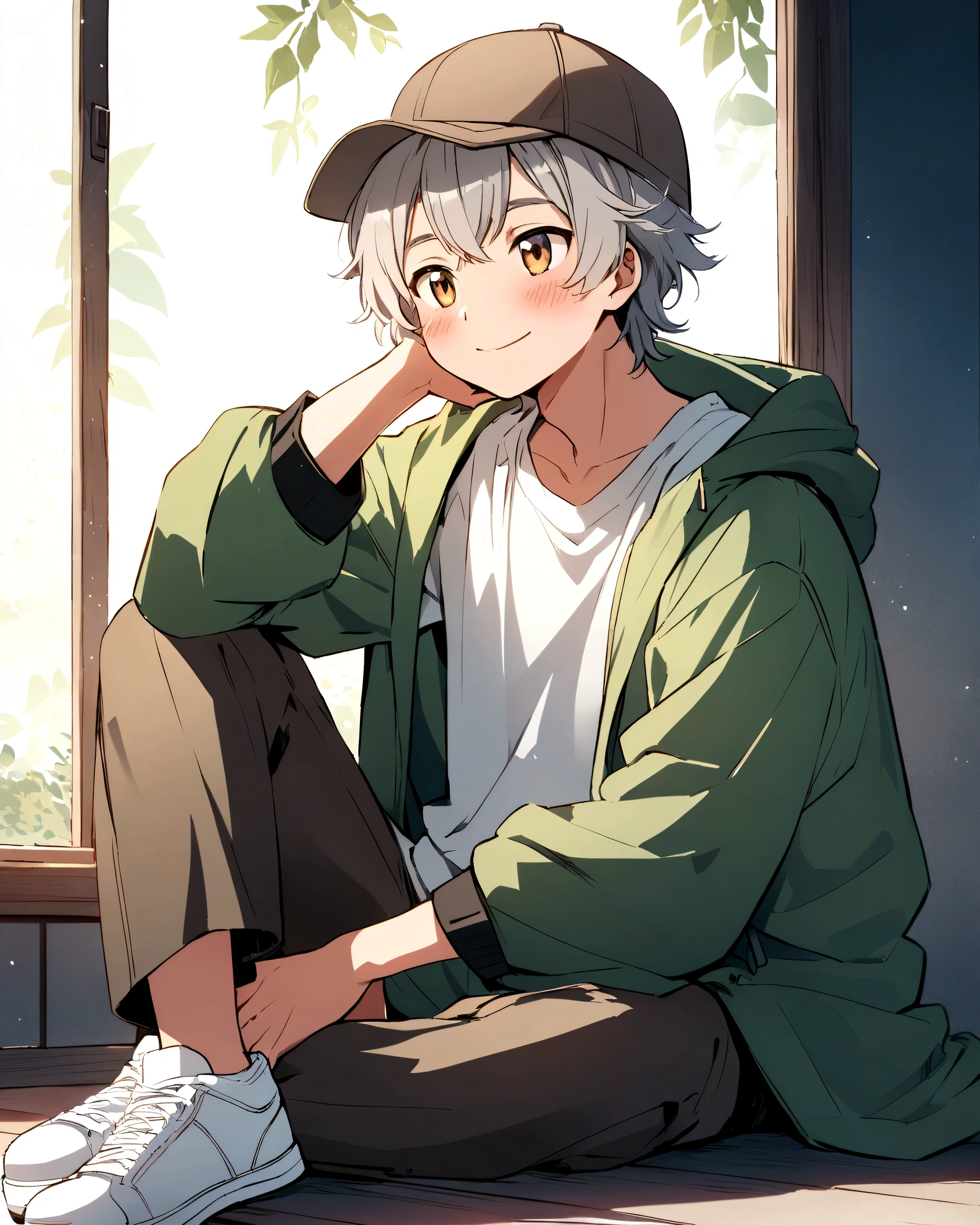 A digital anime-style illustration of a boy with long, wavy gray hair. He is wearing a light brown baseball cap and a loose, oversized green jacket over a white T-shirt. The boy is sitting cross-legged on the floor, with his hands resting in his lap. His outfit is completed with black, pants and white sneakers. The background is plain and light-colored. The boy has a gentle smile and blush on his cheeks, giving a warm and friendly expression."