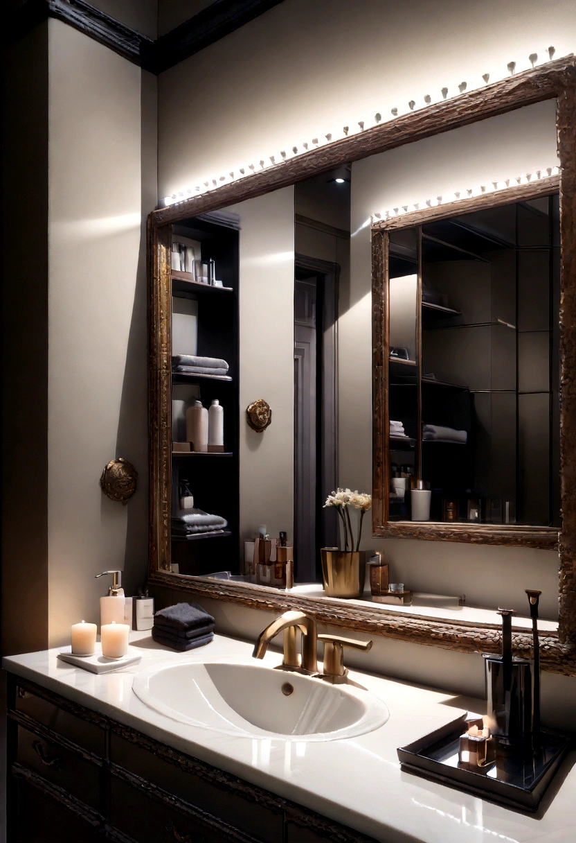 (best quality,4k,8k,highres,masterpiece:1.2),ultra-detailed,(realistic,photorealistic,photo-realistic:1.37),minimalist dressing room,evening ambiance,city lights twinkling through window,warm LED lighting,reflection of luxurious bathroom in mirror,sense of calm and sophistication,interior,minimalist design,soft lighting,window view,mirror reflection,bathroom details,high-end decor,muted colors