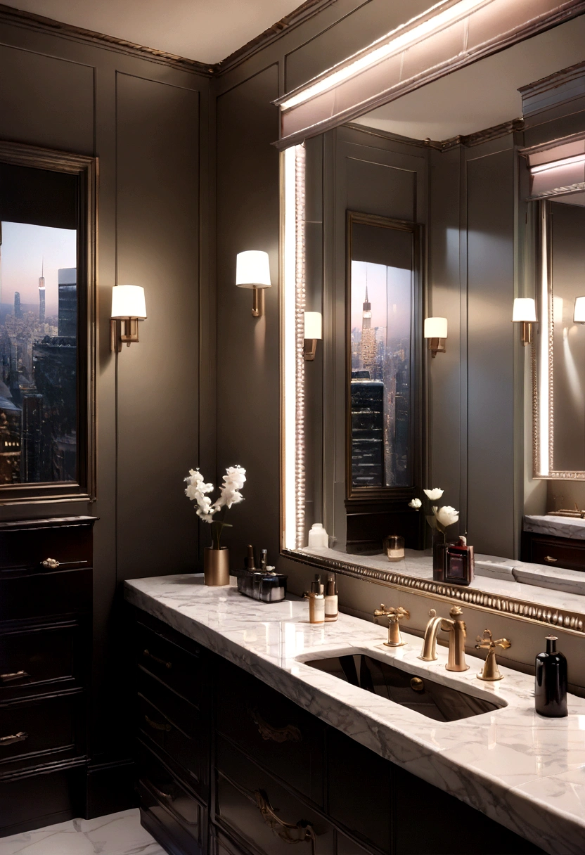 (best quality,4k,8k,highres,masterpiece:1.2),ultra-detailed,(realistic,photorealistic,photo-realistic:1.37),minimalist dressing room,evening ambiance,city lights twinkling through window,warm LED lighting,reflection of luxurious bathroom in mirror,sense of calm and sophistication,interior,minimalist design,soft lighting,window view,mirror reflection,bathroom details,high-end decor,muted colors