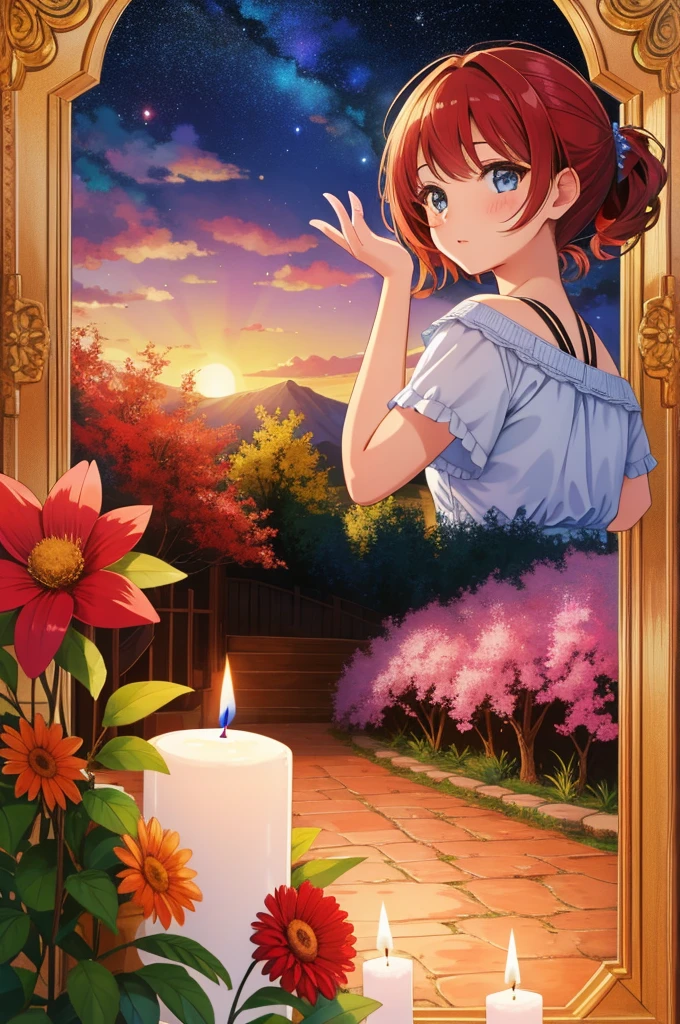 1girl, [ (scene art by Bob Byerley:0.8) : (women,Brown hair, blue eyes:0.8) :17], dramatic fauvist interpretation of, highly detailed, Portrait of a Energizing Extraordinary ([Tortoise:God:3]:1.3) , behance, inside a Sad Andes, lush flowers with Apple tree, Stars in the sky, split diopter, detailed, masterpiece, Manic, monotype, Candle light, F/14, Kodachrome, Vitrail, crisp lines, professional, Highres, emotive, feminine