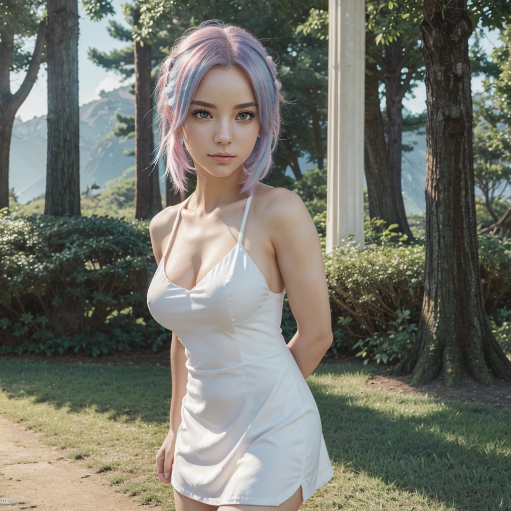 (vi-000020:1.2), (ultra photorealistic:1.3), (masterpiece:1.4), best quality, ((realistic)), high quality, ultra detailed, ((realistic anime face)), ((realistic skin)), ((realistic body)), ((sexy pose)) (best quality:1.1), (illustration:1.05), (1girl:1.05), (cute:1.05), (beautiful detailed eyes:1.05), (cinematic light:1.1), light blue highlights, full body pink hair, 1girl, cute tyrant portrait, aqua hair, bright eyes, white dress, temple, looking at viewer forest warcraft scenery