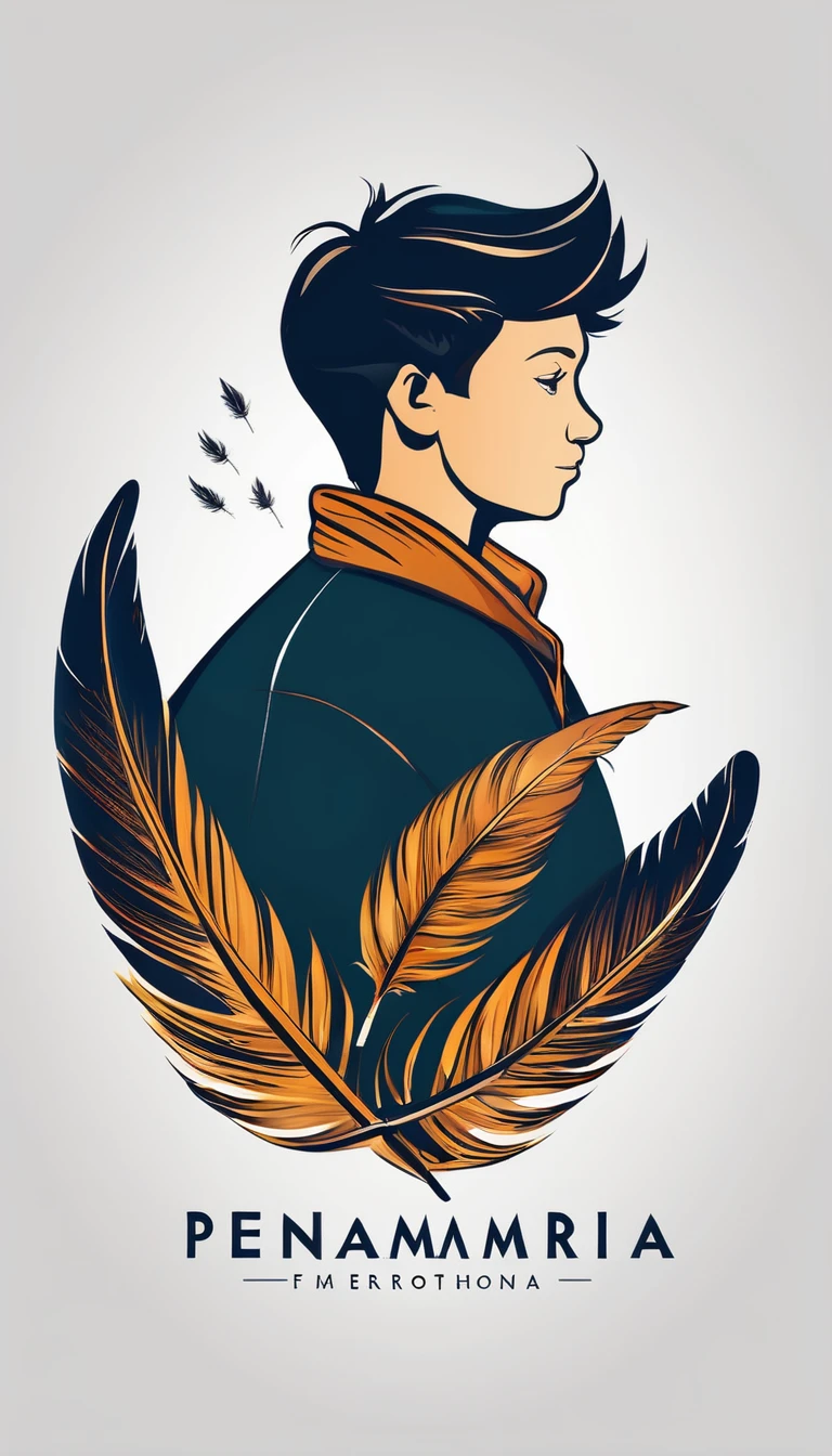 Create a minimal, modern, simple, inspirational, memorable, dream like logo design of a boy and a feather for the brand “Penamemoria".