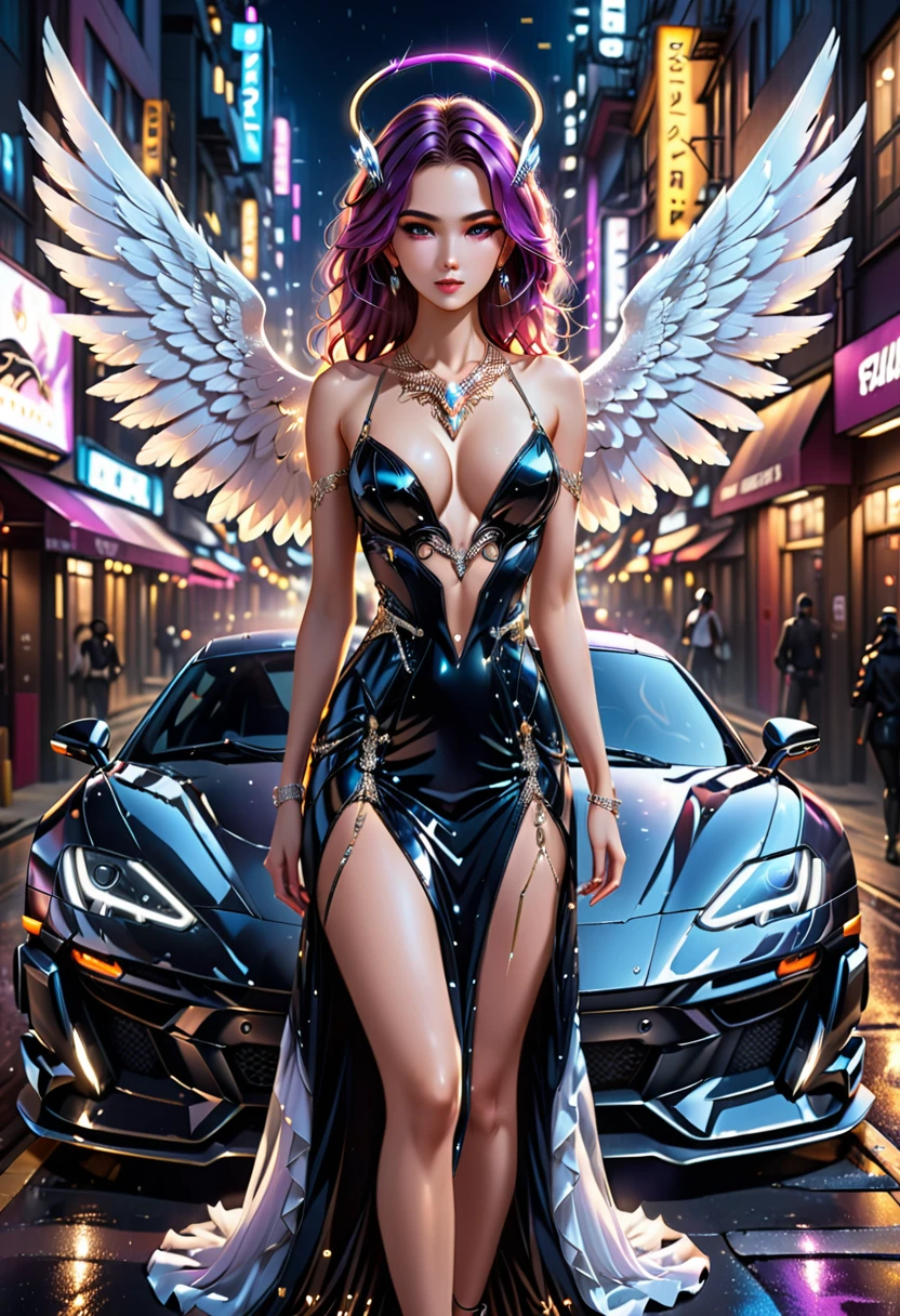 Arafed a picture of a cyberpunk female angel standing in at the street at night near her sports car, night, an  exquisite beautiful cyberpunk female angel  wearing dark dress, wearing ((intricate glamour evening dress: 1.3)), (white angelic wings: 1.2), spread angelic wings, halo over the head, small cleavage, wearing intricate diamond necklace,  wearing high heeled bots,   dynamic eye color, dynamic hair color, dynamic hair style,  standing near her (sports car: 1.3), cyberpunk street t background, full body shot, (Masterpiece: 1.5), Vibrant, Ultra-high resolution, High Contrast, masterpiece:1.2, highest quality, Best aesthetics), best details, best quality, highres, ultra wide angle, 16k, [ultra detailed], masterpiece, best quality, (extremely detailed), Mechanical Creatures