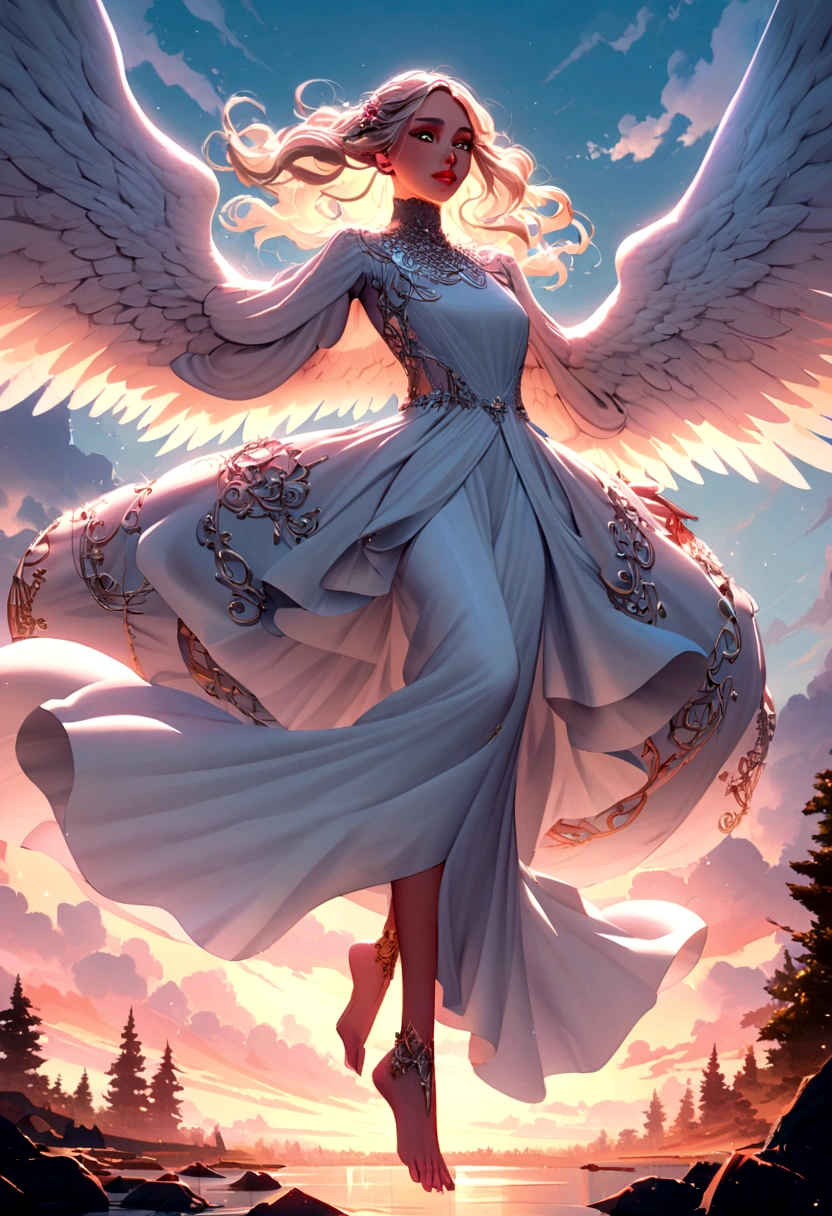 beautiful Angel, Wearing a gorgeous dress that covers the whole body, luxurly gawn,Floating in the air, angel wings, outdoor, detailed face, detailed eyes, detailed lips, detailed nose, detailed foot, full body shot