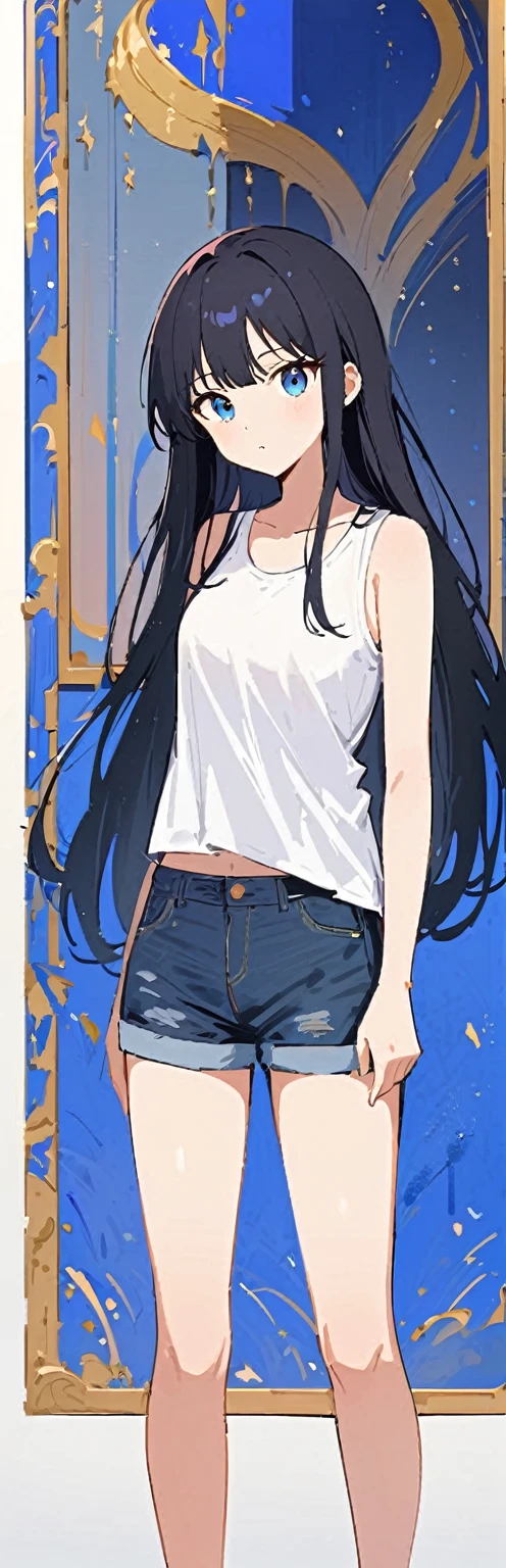 (work of art, best qualityer:1.2), 1 girl, standing alone,standing_to divide, 
long hair, White sleeveless tank top，shorts jeans azul