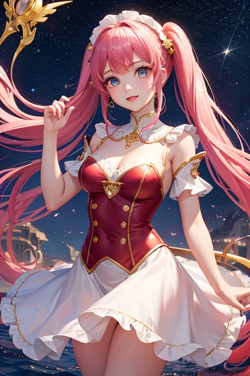 (Perfect ???????)、masterpiece、super high quality、 8k、masterpiece、Highest quality、Ultra-high resolution、Maximum resolution、Very detailed、Professional Lighting、anime、woman、thin、so beautiful、Very detailedな目、Very detailedな顔、Gold earrings、Pink Hair,、Pink Eyes、Center of chest, Pink Lips, Pink upper arm armor, White leotard, pink pattern, whole body, Magical girl, Angel Girl, Are standing, Pink thigh high stockings, White super long boots, Pink Gauntlet, High heels, Hands glowing pink, Curl the inside of your hair, Bridal Hair Accessories