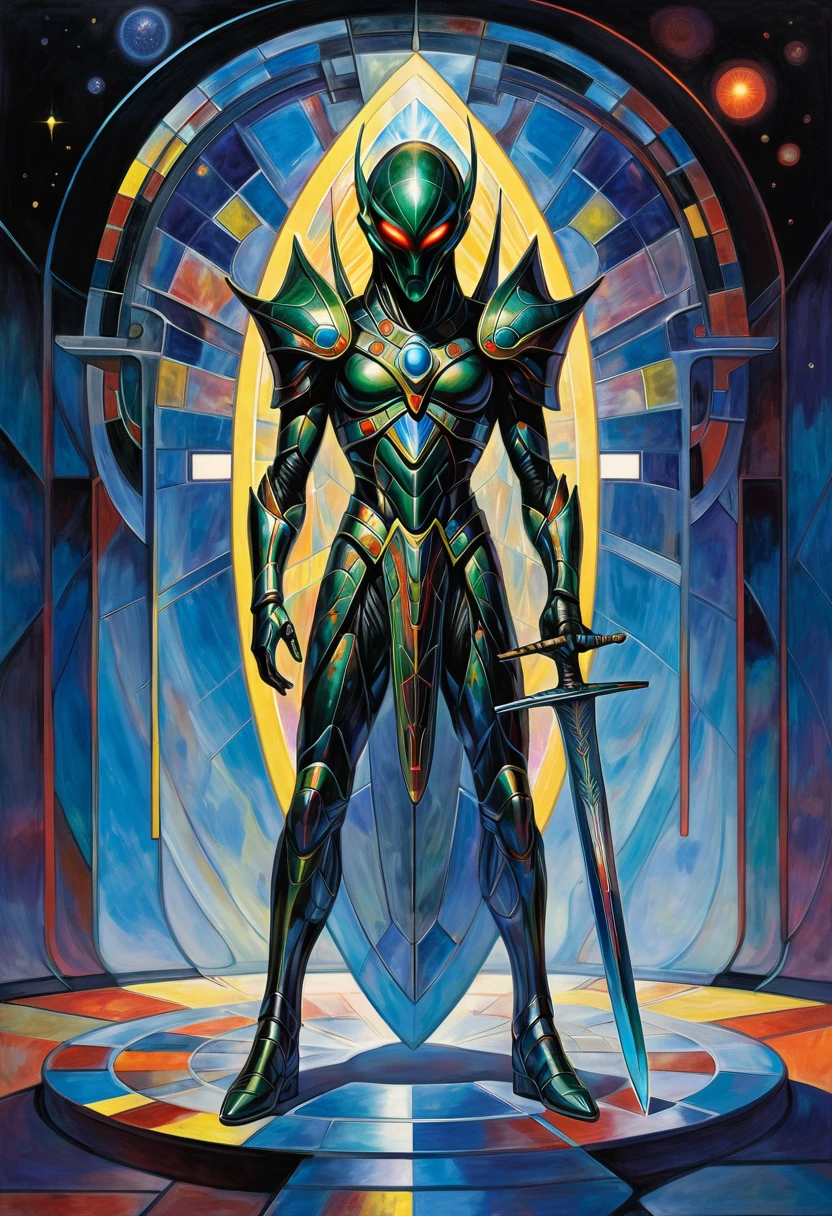sleep paralysis of an Yautja alien , his camouflaged image looks like a gitching hologram, his sword and shield shine with iridescent glow, Mondrian's art of succinct in his spaceship, lack of gravity phenomenon.