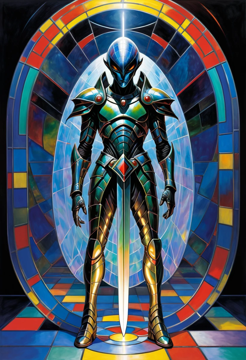 sleep paralysis of an Yautja alien , his camouflaged image looks like a gitching hologram, his sword and shield shine with iridescent glow, Mondrian's art of succinct in his spaceship, lack of gravity phenomenon.