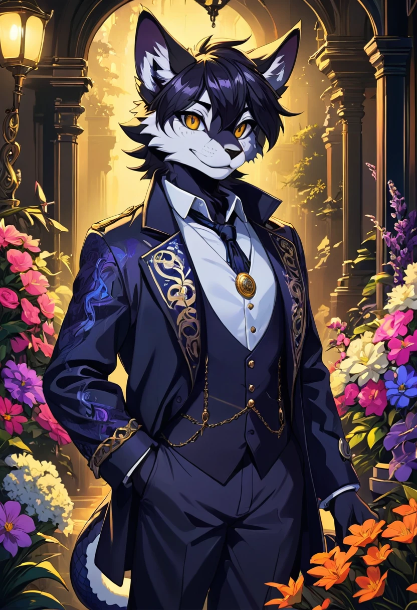 (best quality, high resolution, ultra-detailed)silhouett(kemono, furry anthro)holding striking pocket watch, surrounded by flowers, snakes and darkness, illustrative rendering, intricate details, mysterious atmosphere, vibrant colors, dynamic lighting , Gothic style,