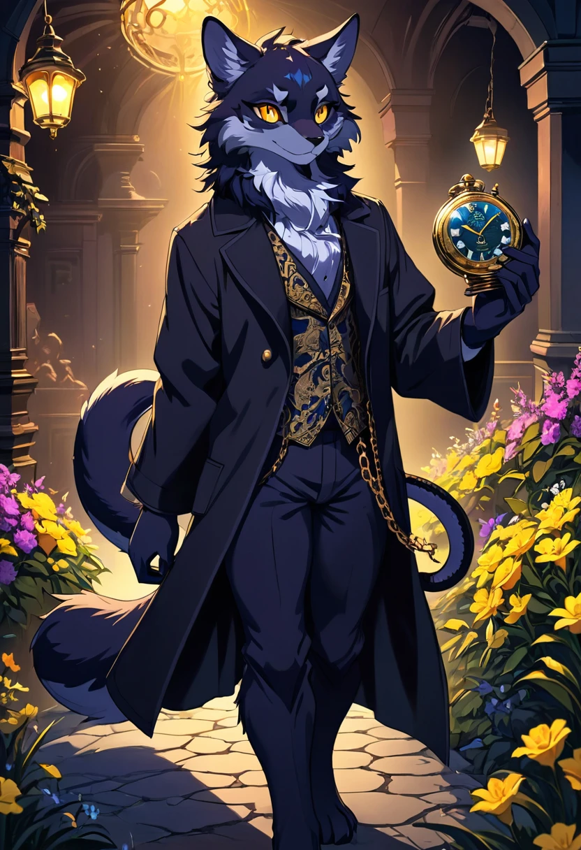 (best quality, high resolution, ultra-detailed)silhouett(kemono, furry anthro)holding striking pocket watch, surrounded by flowers, snakes and darkness, illustrative rendering, intricate details, mysterious atmosphere, vibrant colors, dynamic lighting , Gothic style,