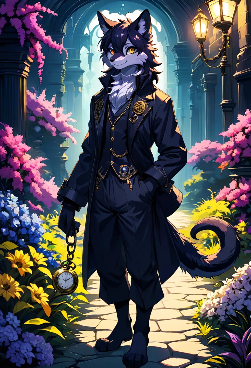 (best quality, high resolution, ultra-detailed)silhouett(kemono, furry anthro)holding striking pocket watch, surrounded by flowers, snakes and darkness, illustrative rendering, intricate details, mysterious atmosphere, vibrant colors, dynamic lighting , Gothic style,
