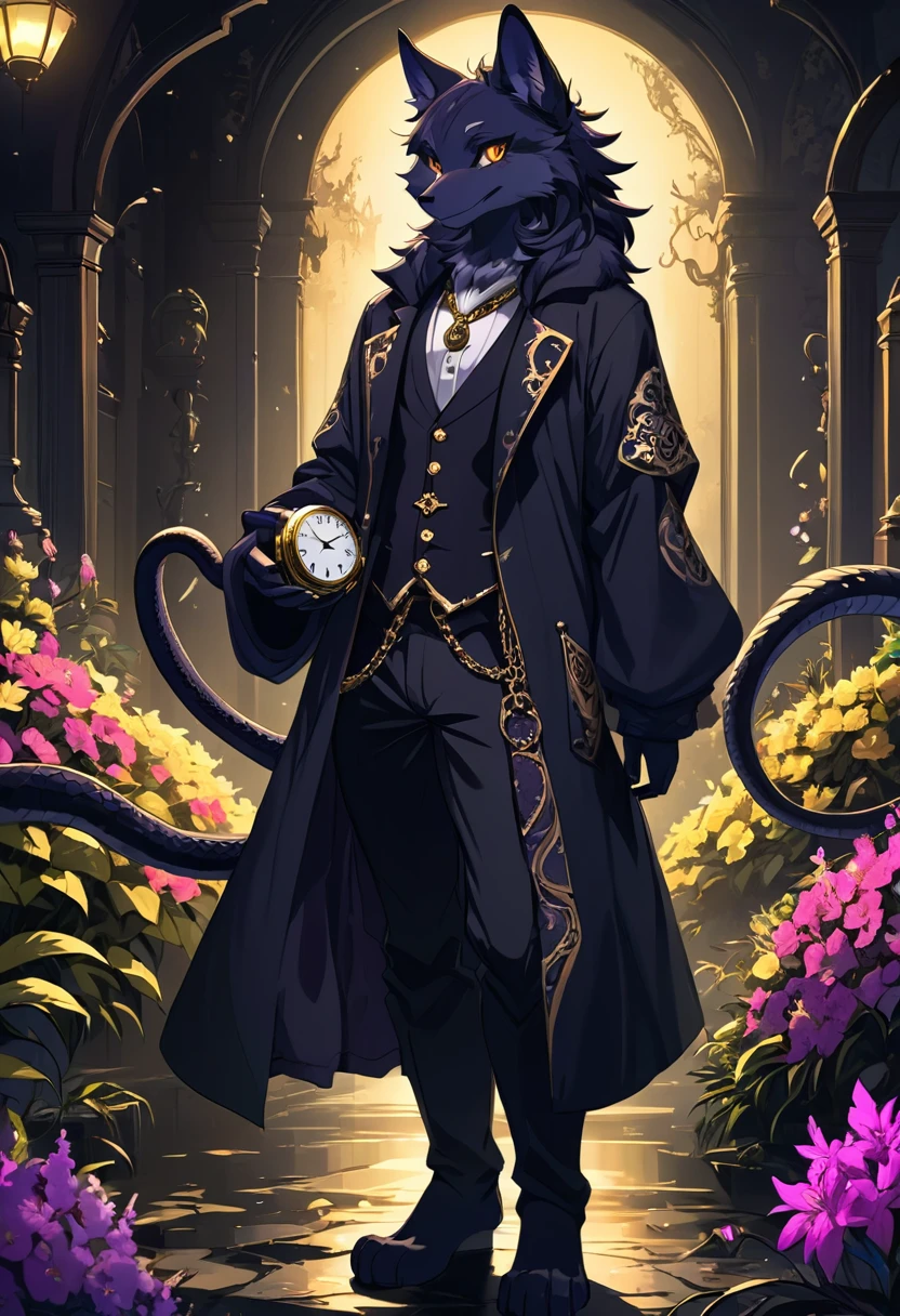 (best quality, high resolution, ultra-detailed)silhouett(kemono, furry anthro)holding striking pocket watch, surrounded by flowers, snakes and darkness, illustrative rendering, intricate details, mysterious atmosphere, vibrant colors, dynamic lighting , Gothic style,