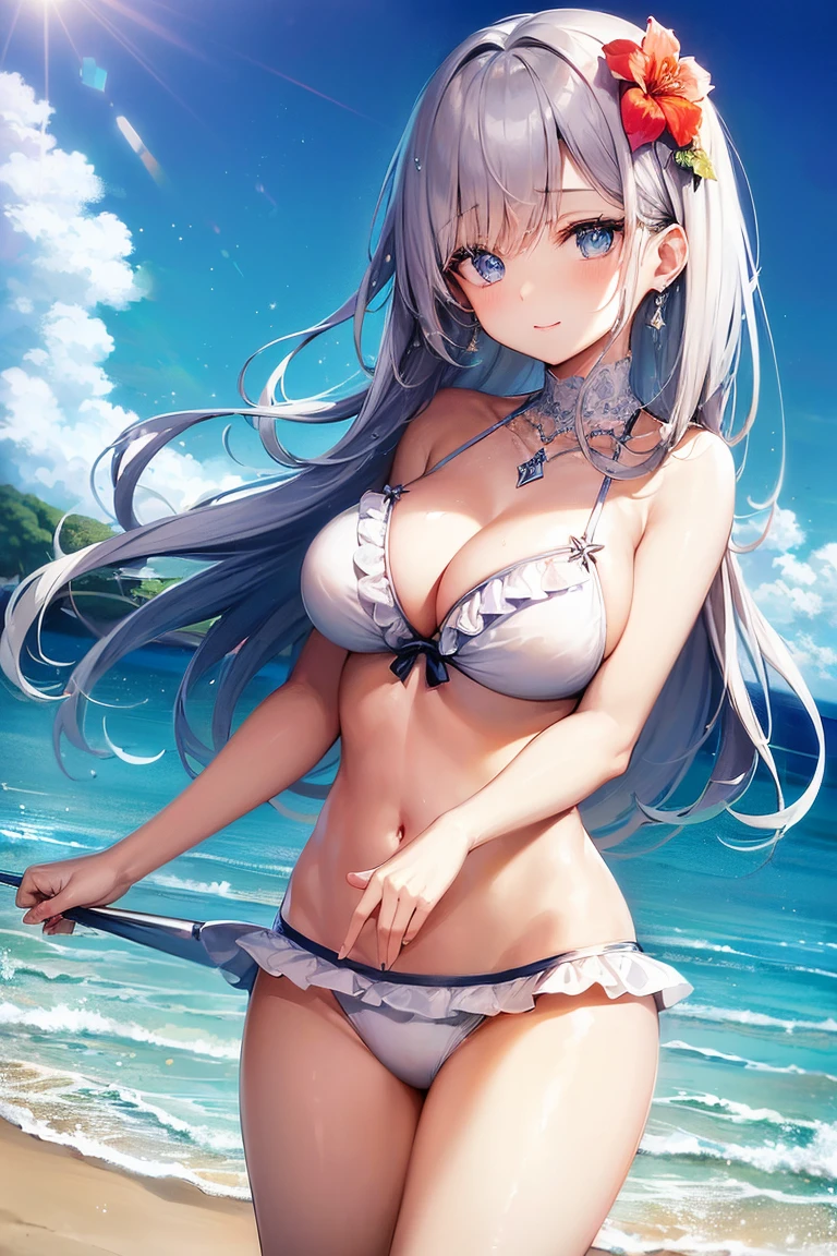 ((High quality, masterpiece, very high resolution, skin with fine details, eyes with fine details), digital painting illustration, 4K image quality, 1 girl, solo, (cute and beautiful girl), , (large breasts), (lver hair fluttering in the wind), hibiscus hair ornament, (cute and beautiful blue eyes),smile, (white bikini with frills), necklace, earrings, wet body, (beach), blue sky, (glow with beautiful details), light particles, lens flare, film reflections