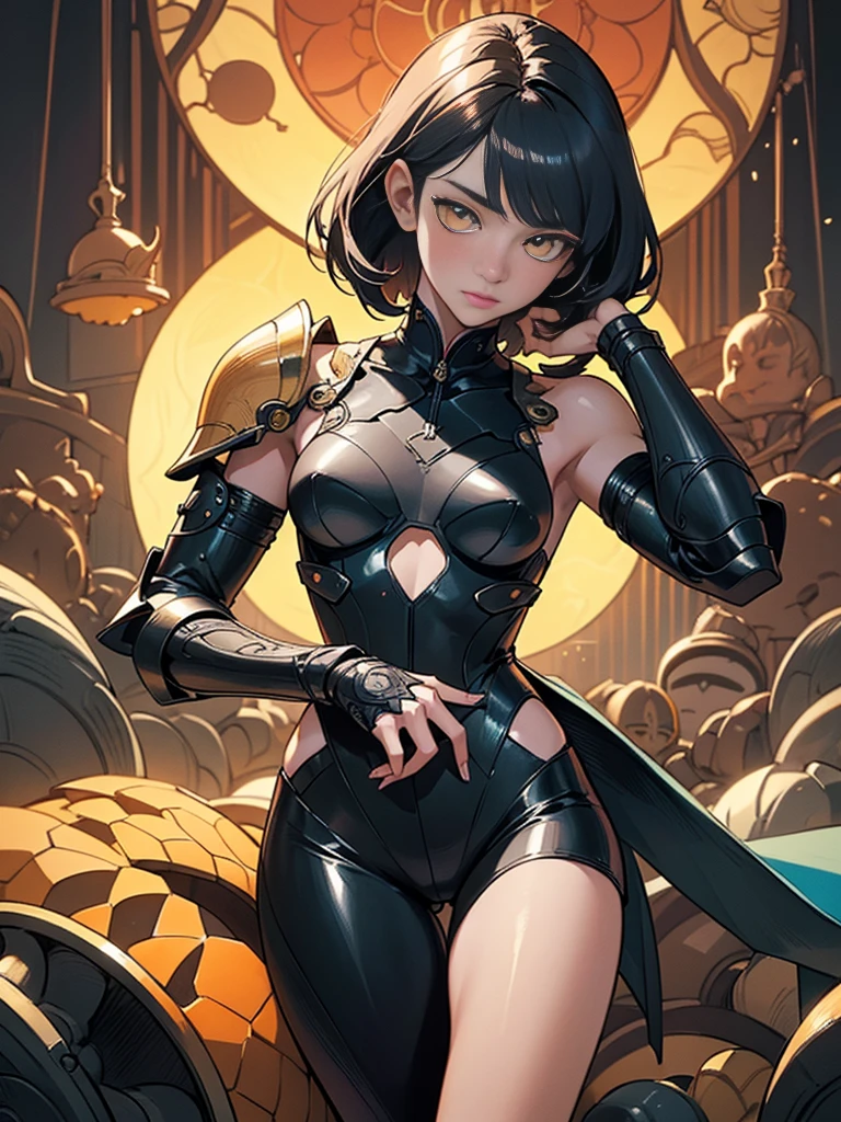 (Artwork of exceptional craftsmanship),(Detailed illustrations,(Art based on a very ideal anatomy),Very detailed and detailed drawing,Delicate lines with slow and rapid,(Realistic texture expression)),[Color tressed main line],[Shinjuku background at night],(HENTAI ANIME) (Japanese NINJA Girl (Beauty) ) petite and muscular [Slim & fit body], Short Bob Cut,([hornet] Orange Ninja Battle Armor) scarf [stall] ((Fitting rubber inner) [honeycomb] [edg]) hair adornments (Dull metallic luster:0.8),gravure [KUNOICHI],(Perfectly proportioned),(Fine and beautiful skin expression [realistic skin detail]),(Design built to the highest level,[Advanced structural understanding of materials],Ideal color coordination),(Intricate and beautiful decoration (Dense detail)),(More on shiny hair),[Perfect hand details],(Beautiful perfect face [Realistic face details]),[Clear gaze],[long and beautiful eyelashes], yellow eyes, yellow irises, clearly defined irises, [Perfect eye details (Eyes beautifully drawn down to the smallest detail)],(detaileds,high-detail),((Precision Detail),[multi-layer texture],HighQuality,hight resolution),[(Accurate simulation of light-material interactions),Understanding Airflow,Mechanically correct representation],[Visual art that conveys a sense of narrative] [Full body like], thigh gap,[[Desaturation]].