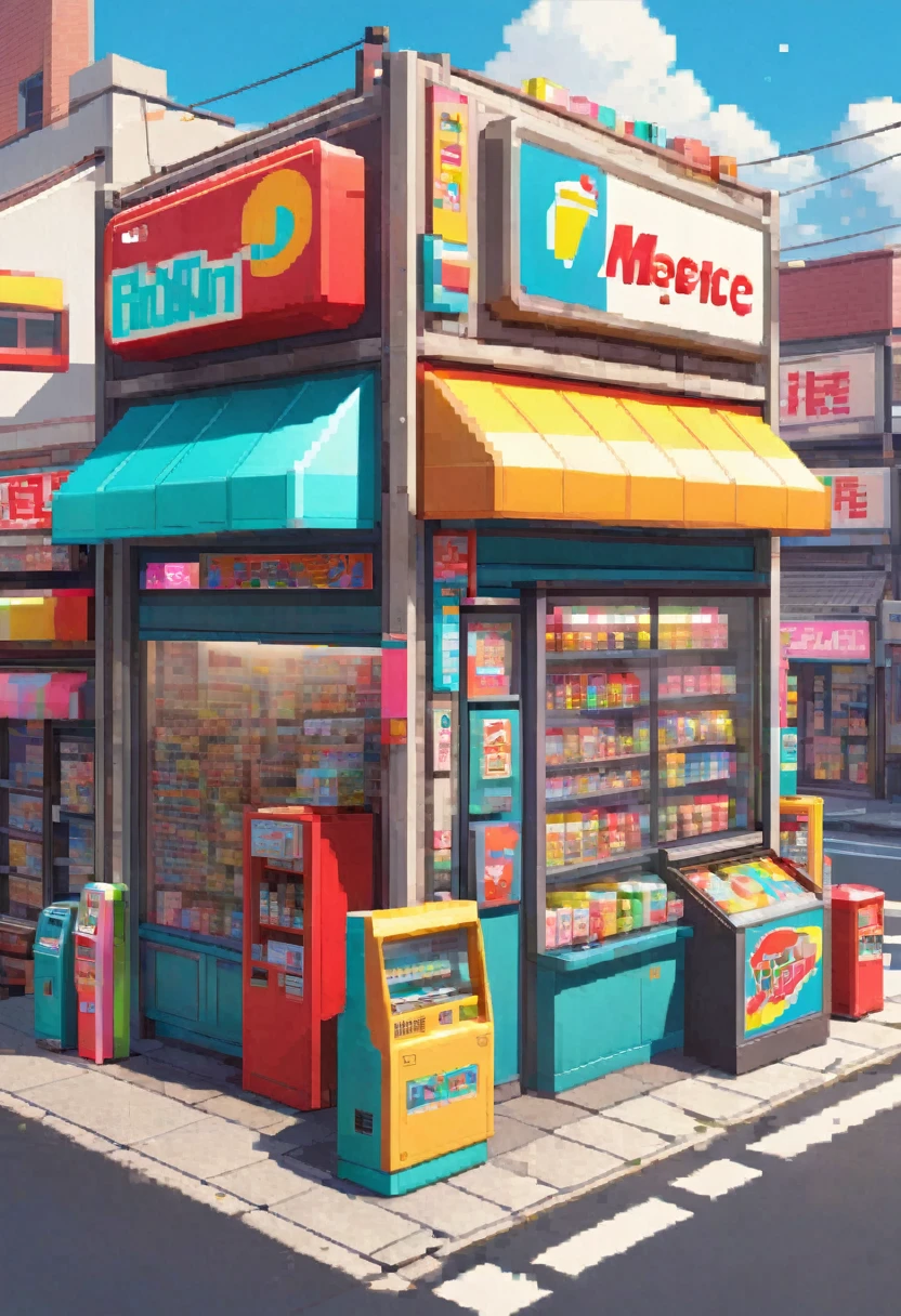 Retro game, Retro style convenience store, (Masterpiece, Top quality, Perfect composition, Very beautiful, Absurd, Super details, Intricate details, Professional, Official art, Representative work:1.3)