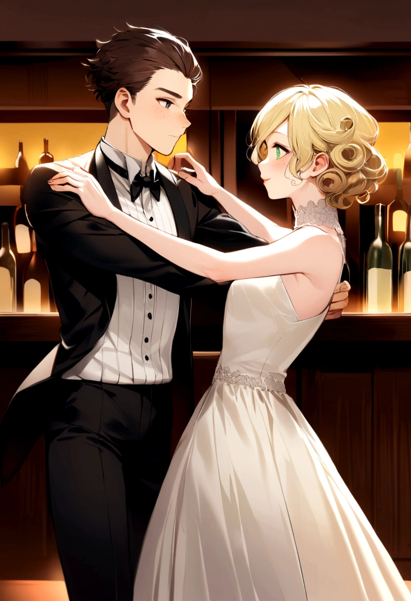 Two boys, about 20 or more, still young., dancing together in a bar, One is taller and has blonde hair that is a little curly from a dryer., while the other has curly or churudo brown hair, has freckles. The blonde has green eyes and his face is masculine but also feminine., The chestnut has a gentle and soft face and has brown eyes..
