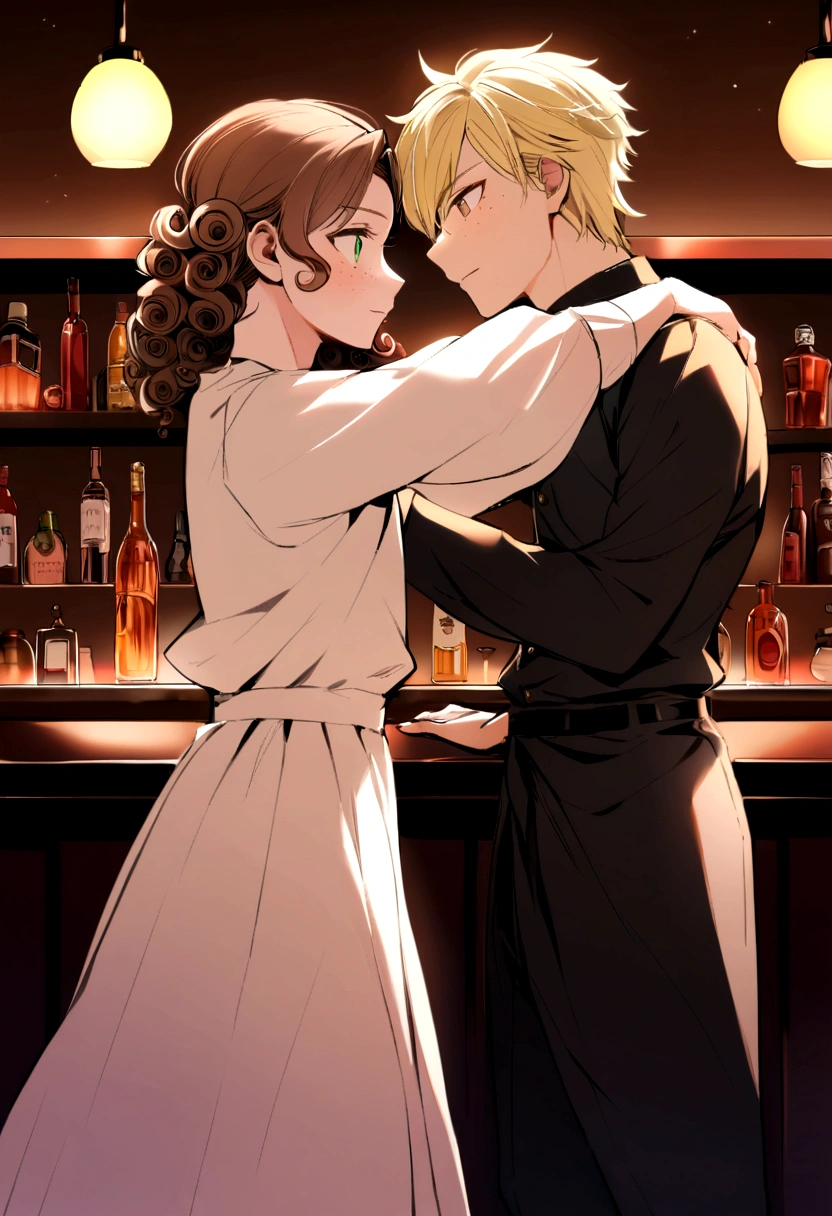 Two boys, about 20 or more, still young., dancing together in a bar, One is taller and has blonde hair that is a little curly from a dryer., while the other has curly or churudo brown hair, has freckles. The blonde has green eyes and his face is masculine but also feminine., The chestnut has a gentle and soft face and has brown eyes..
