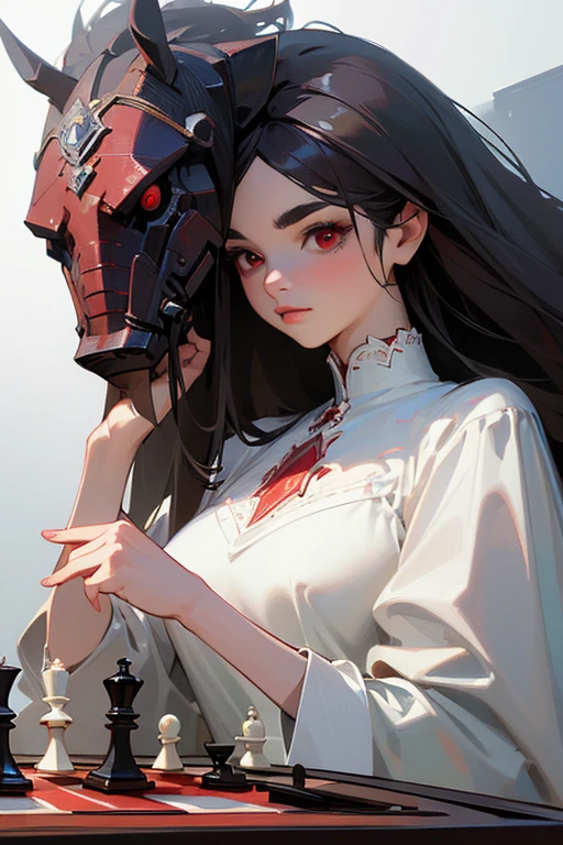 (Highest quality, masterpiece:1.2), High resolution, Very detailed, Realistic:1.37, Fantasy, An illustration, Red eyes, Queen, White Dress.The face remains the same、thicken eyebrows、Enjoy Chess、