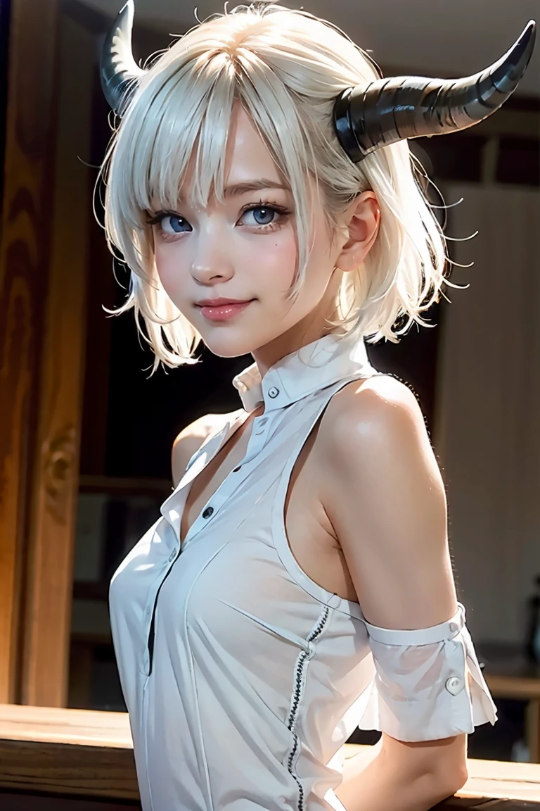 1girl, bethel, blue eyes, bare shoulders, breasts, medium breasts, short hair, white hair, hair over one eye, bangs, gloves, sleeveless, solo, shirt, fingerless gloves, white shirt, sleeveless shirt, arms behind back, off shoulder, horns, smile, (masterpiece), (best quality), (ultra detailed), indoors, simple background, blue flowers, 