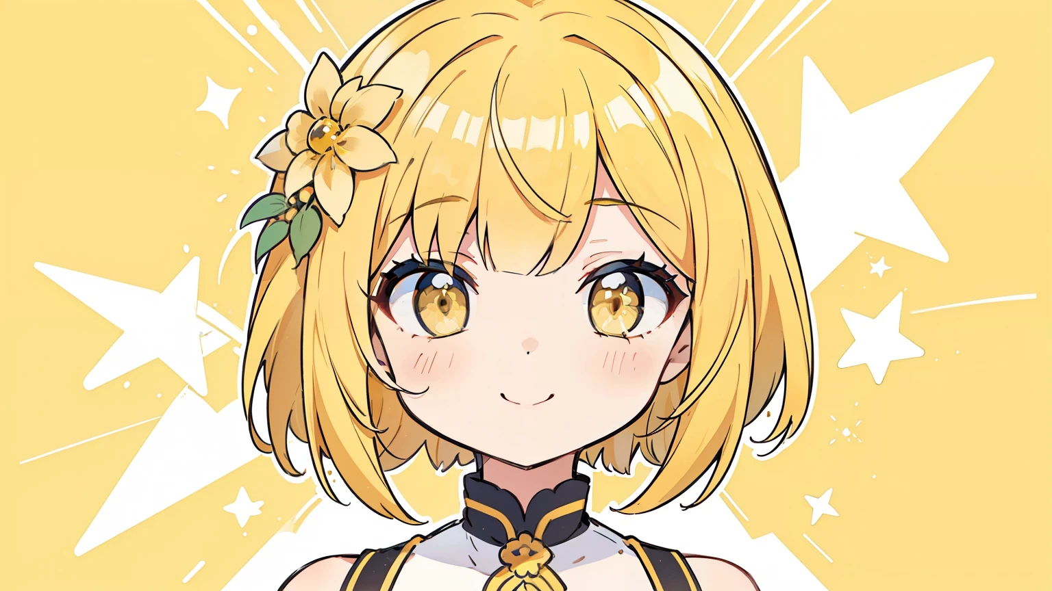 masterpiece, beautiful detailed, (casual wear), yellow theme, yellow background, yellow Eyes, yellow hair, bob cut, 1girl, big smile, medium breasts, hair ornament, hair intakes, (from right), (((bold outline))), limited palette