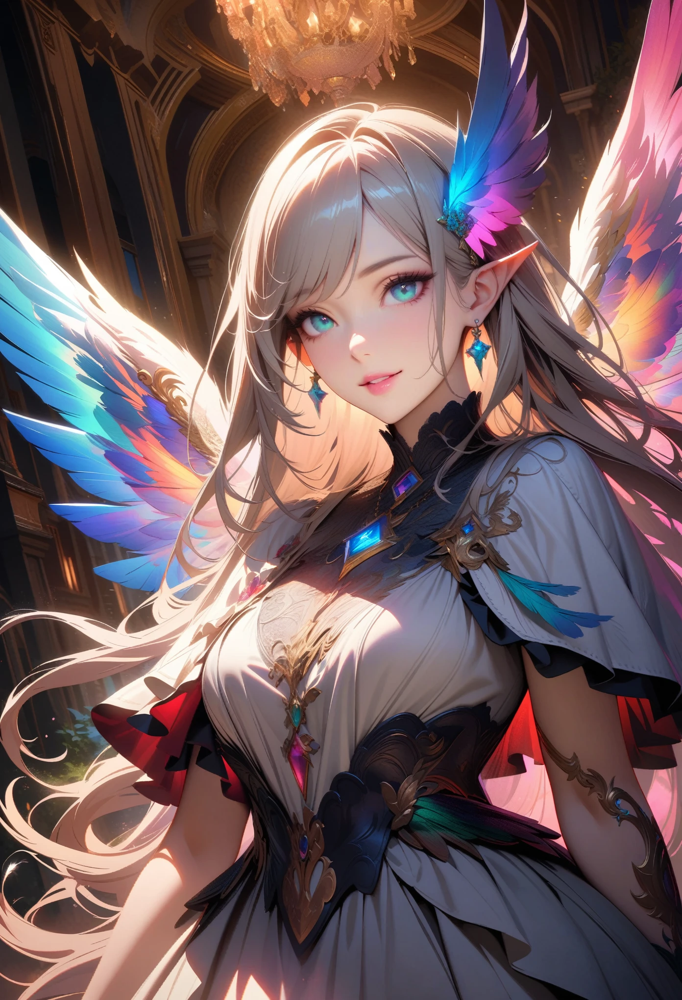 Masterpiece, Best Quality, Super Detailed, High Definition, HDR, Realistic, Depth, Fine Texture, Super Fine, Complete concentration, (very pretty anime angle elf), beautiful woman, female angle, Noble angle, (platinum hair, silver hair highlights, feathers hair), Slender high straight, long hair, dream world, Jade Emperor style, aqua eyes, light pink lipstick, long eyelashes, thick eyelashes, gemstone necklace, (Full details angle costume, wings sleeves, gems, angle dress with too many frills, Drape clothes, bows, ruffles, ball gown, holographic hexagram wings, wings dress, decorated with feathers, full details 8 angle wings), earring, (soft light and shadow), beautiful detailed eyes, beautiful detailed lips, extremely detailed eyes and face, white and platinum colors scheme, Cold face and eyes, smiling in a confident, gentle smile, beautiful detailed glow, detailed, Cinematic light,vibrant colors, vivid colors, professional, ultra-detailed, intricate details, volumetric lighting, lens flare, particles, fantasy art, full body fantasy angle, A beautiful paradise like a fairy tale,