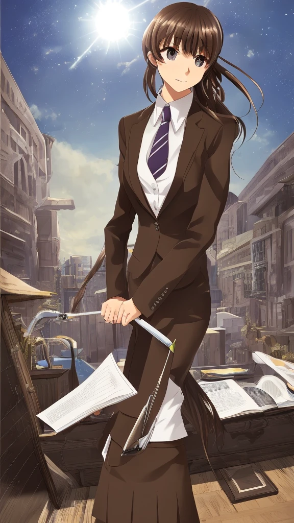 masterpiece, best quality, 1 girl, solo, teenager, large breasts, light brown eyes, bangs, brond hair, braids hair, office staff suit, jacket, pencil skirt, upper body, standing, office