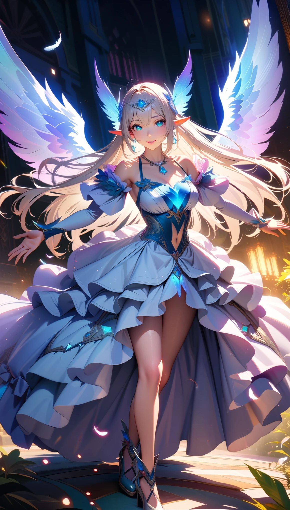 Masterpiece, Best Quality, Super Detailed, High Definition, HDR, Realistic, Depth, Fine Texture, Super Fine, Complete concentration, (very pretty anime angle elf), beautiful woman, female angle, Noble angle, (platinum hair, silver hair highlights, feathers hair), Slender high straight, long hair, dream world, Jade Emperor style, aqua eyes, light pink lipstick, long eyelashes, thick eyelashes, gemstone necklace, (Full details angle costume, wings sleeves, gems, angle dress with too many frills, Drape clothes, bows, ruffles, ball gown, holographic hexagram wings, wings dress, decorated with feathers, full details 8 angle wings), earring, (soft light and shadow), beautiful detailed eyes, beautiful detailed lips, extremely detailed eyes and face, white and platinum colors scheme, Cold face and eyes, smiling in a confident, gentle smile, beautiful detailed glow, detailed, Cinematic light,vibrant colors, vivid colors, professional, ultra-detailed, intricate details, volumetric lighting, lens flare, particles, fantasy art, full body fantasy angle, A beautiful paradise like a fairy tale, 