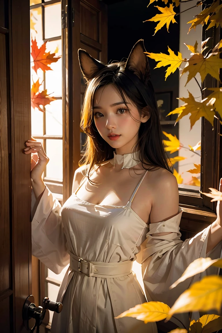 best quality, (masterpiece:1.35), wallpaper, (illustration), original, (depth of field), (1girl:1.35), (solo), full body, dynamic, detailed face,mature female, adult, (old:1.3), Medium breasts, Amused, happy,miko clothing, flower trim,absurdly long hair, black hair,dog ears volumetric lighting, fall leaves, Tyndall effect,