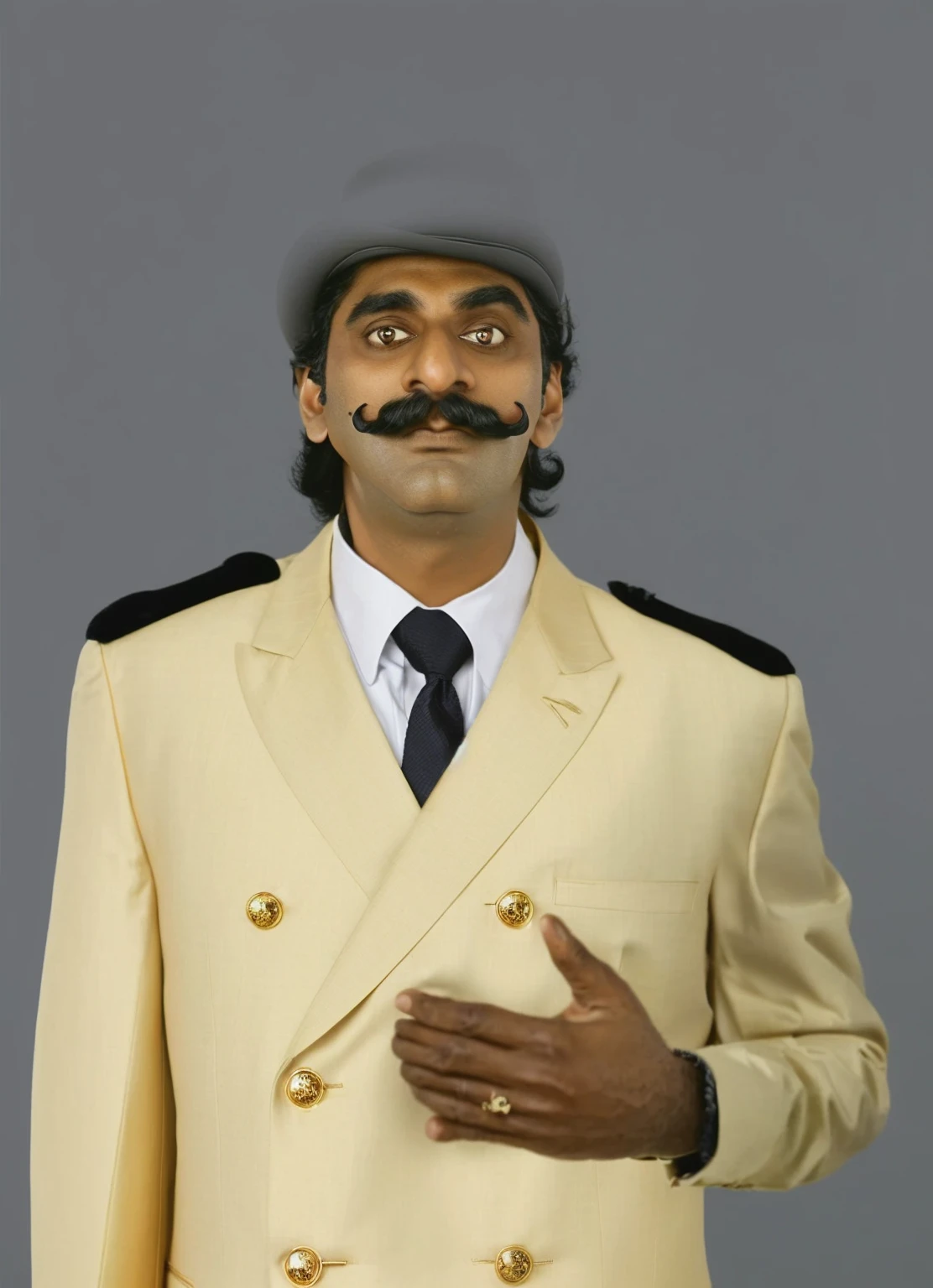 there is a man in a suit and hat with a mustache, Raj Koothrappali as Saul Goodman, inspired by Adolf Fényes, drdisrespect posing as napoleon, Waluigi as a real person, Raden Saleh, Dom Ramon, big mustache, inspired by Sudip Roy, inspired by Sardar Sobha Singh, inspired by Adolf Dietrich