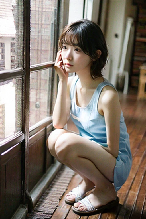 Highest quality、masterpiece、High sensitivity、High resolution、Detailed Description、Slender women、Slim Body、In a school swimsuit、squat、