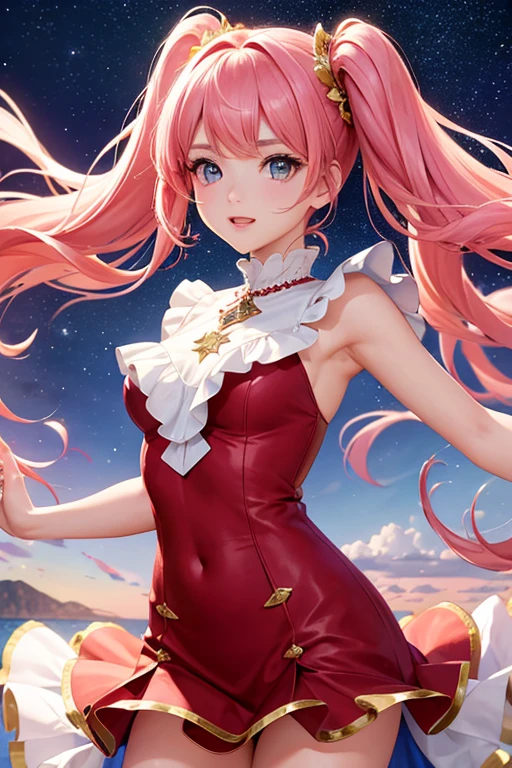 Highest quality、Highest quality、Masterpiece、woman1people、Red shiny decollete dress、Golden embroidery、Frill mini skirt dress、Perfect body line、Adorable poses、Realistic、Glowing Skin、Groomed eyebrows、Pink Lips、Pink Hair、Blue Eyes、Twin tails、delicate、Shiny Hair、detailed、Skirt in the wind、White frills、The background is the starry sky and the sea