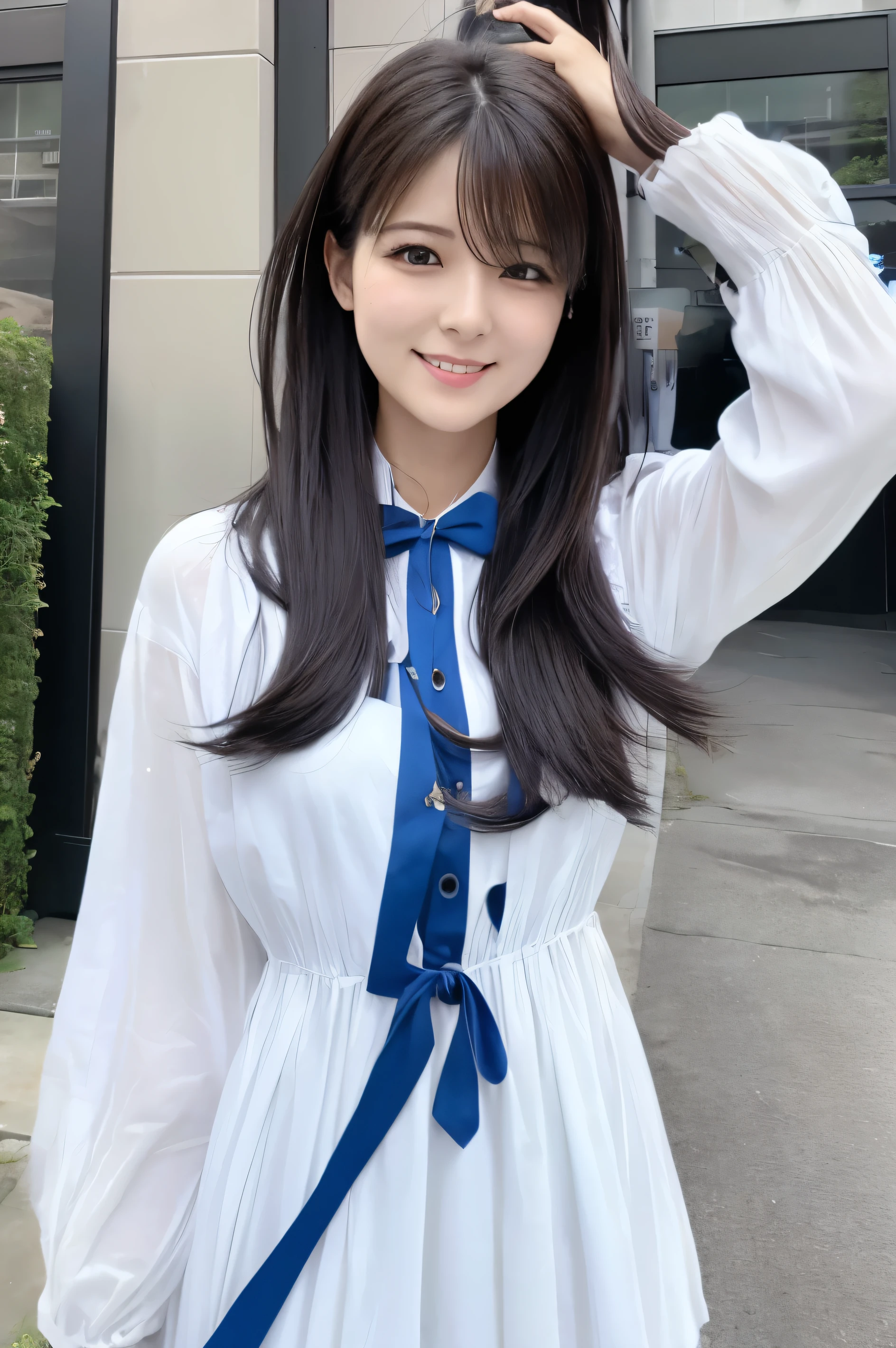 
24-years-old、woman、Japanese、Beautiful face、Beautiful nose、Eyes are large、Hair is black、White、True Face、Whole Body 、Real、photograph、８K、smile、clear、wear blue casual dress with white shose