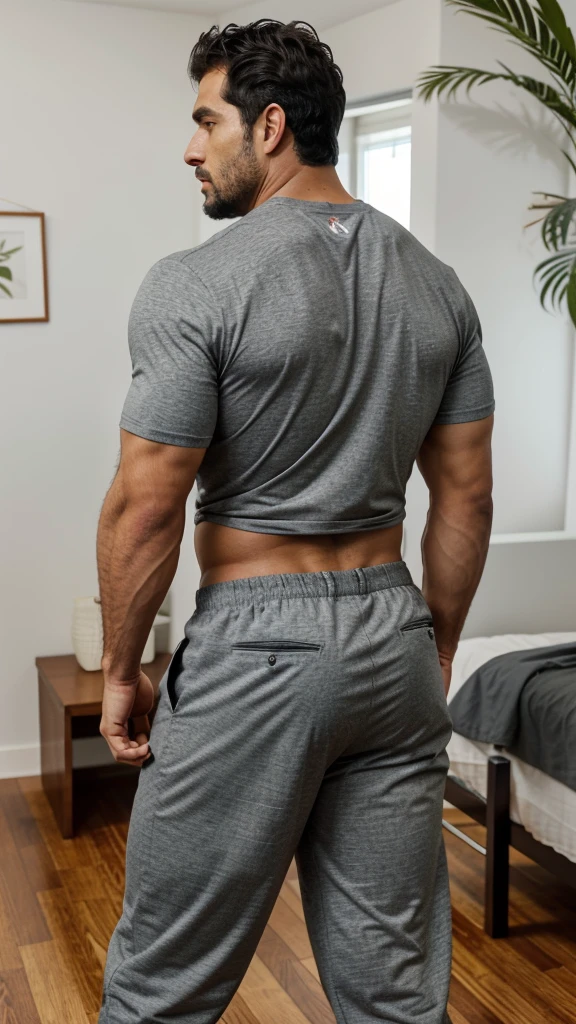 A Hispanic man with a face that looks like Henry Cavill. black man, His body is muscular and he has a toothed beard..  Big Butt, in a moment of reflection. full body. Fajada shirt, semi formal clothing, grey pants, backside. 