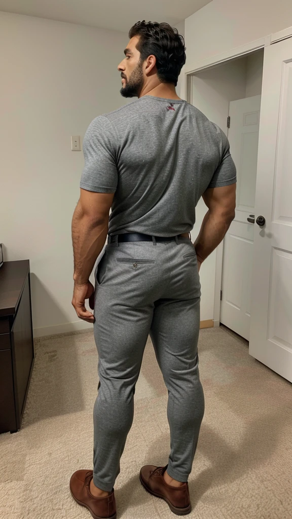 A Hispanic man with a face that looks like Henry Cavill. black man, His body is muscular and he has a toothed beard..  Big Butt, in a moment of reflection. full body. Fajada shirt, semi formal clothing, grey pants, backside. 