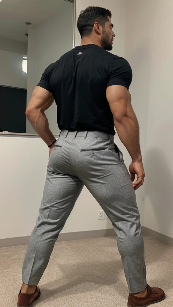 A Hispanic man with a face that looks like Henry Cavill. black man, His body is muscular and he has a toothed beard..  Big Butt, in a moment of reflection. full body. Fajada shirt, semi formal clothing, grey pants, backside. 