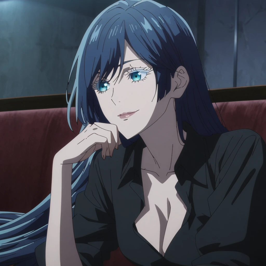 1girl, female gojo satoru, anime screencap from jujutsu kaisen, gojo satoru female version, solo, very long_hair, ((smooth texture hair)) blue eyes, ((white eyelashes)), ((very long dark blue_hair)), night view, breasts, upper_body, smile, indoors, book, bangs, blue_eyes, lips, (wearing round sunglasses) (( very long hair, swept bangs)) wearing black color shirt, breast, "very detailed and high resolution" (blue eyes) ((one hand on the chin)) ((smooth texture hair)) ((solo)) ((high resolution)) ((upper body)) (Good quality) cleavage, (sitting) ((dark blue hair))