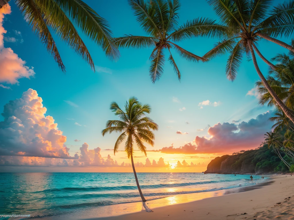 A beautiful tropical beach with swaying palm trees, crystal clear turquoise waters, soft white sand, a vibrant sunset sky with warm hues, picturesque coastal landscape, (best quality,4k,8k,highres,masterpiece:1.2),ultra-detailed,(realistic,photorealistic,photo-realistic:1.37),intricate details, stunning natural scenery, breathtaking vista, dynamic composition, lush foliage, serene atmosphere, idyllic paradise, vibrant colors, natural lighting, picturesque seascape