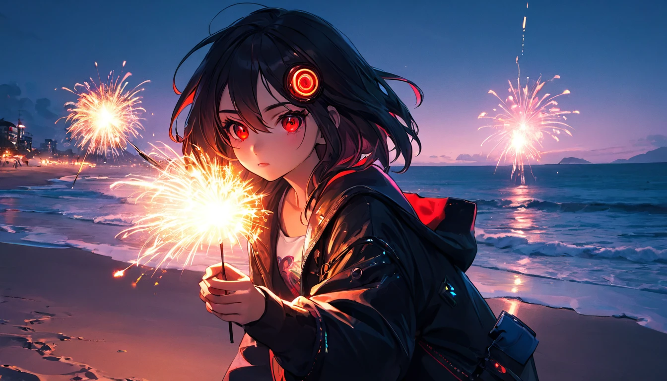 Girl, teenager, cyberpunk, red eyes, glowing eyes, beach, sparkler