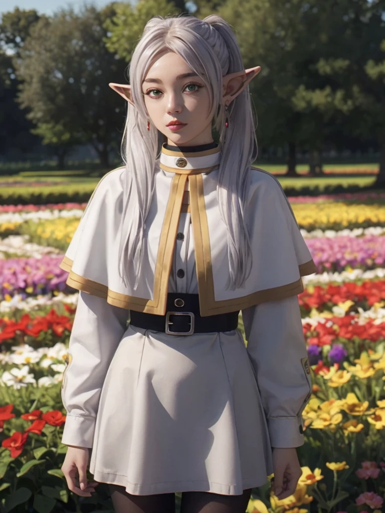 8K, RAW Photo, Masterpiece, high quality, high resolution, realistic, beautiful young girl, elf, white hair, grey hair, earrings, pointy ears, long hair, ponytail, green eyes, twintails, parted bangs, thick eyebrows, collared capelet, white capelet, striped shirt,long sleeves, striped, white skirt, pantyhose, attractive pose, kingdom flowers garden