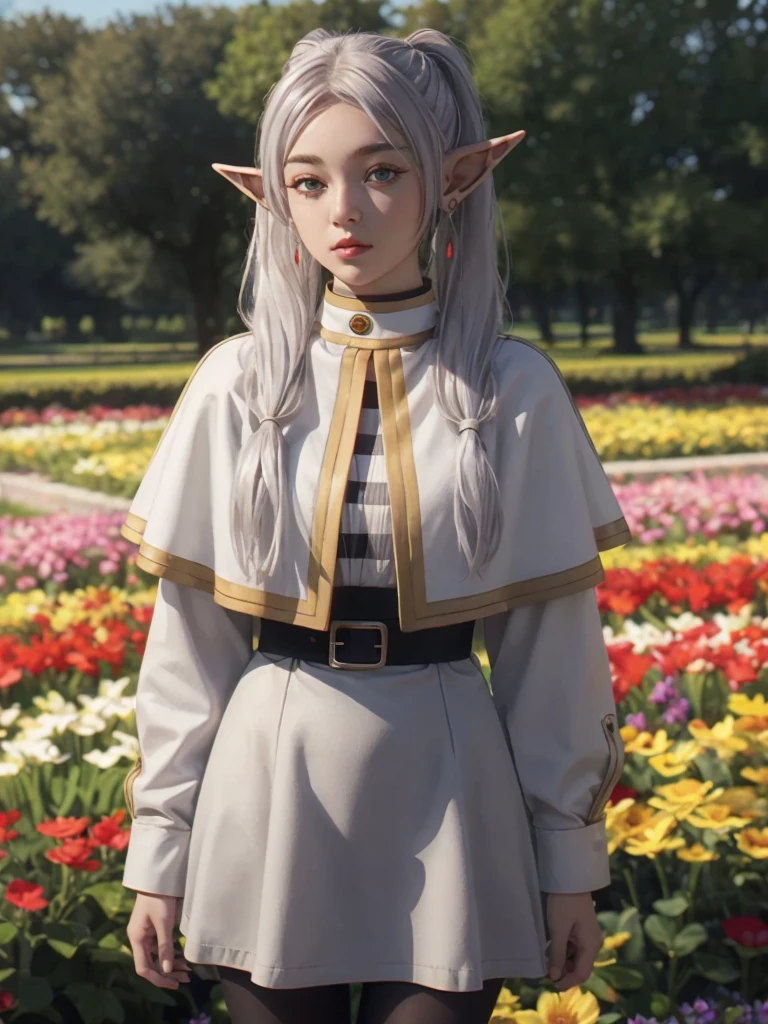 8K, RAW Photo, Masterpiece, high quality, high resolution, realistic, beautiful young girl, elf, white hair, grey hair, earrings, pointy ears, long hair, ponytail, green eyes, twintails, parted bangs, thick eyebrows, collared capelet, white capelet, striped shirt,long sleeves, striped, white skirt, pantyhose, attractive pose, kingdom flowers garden