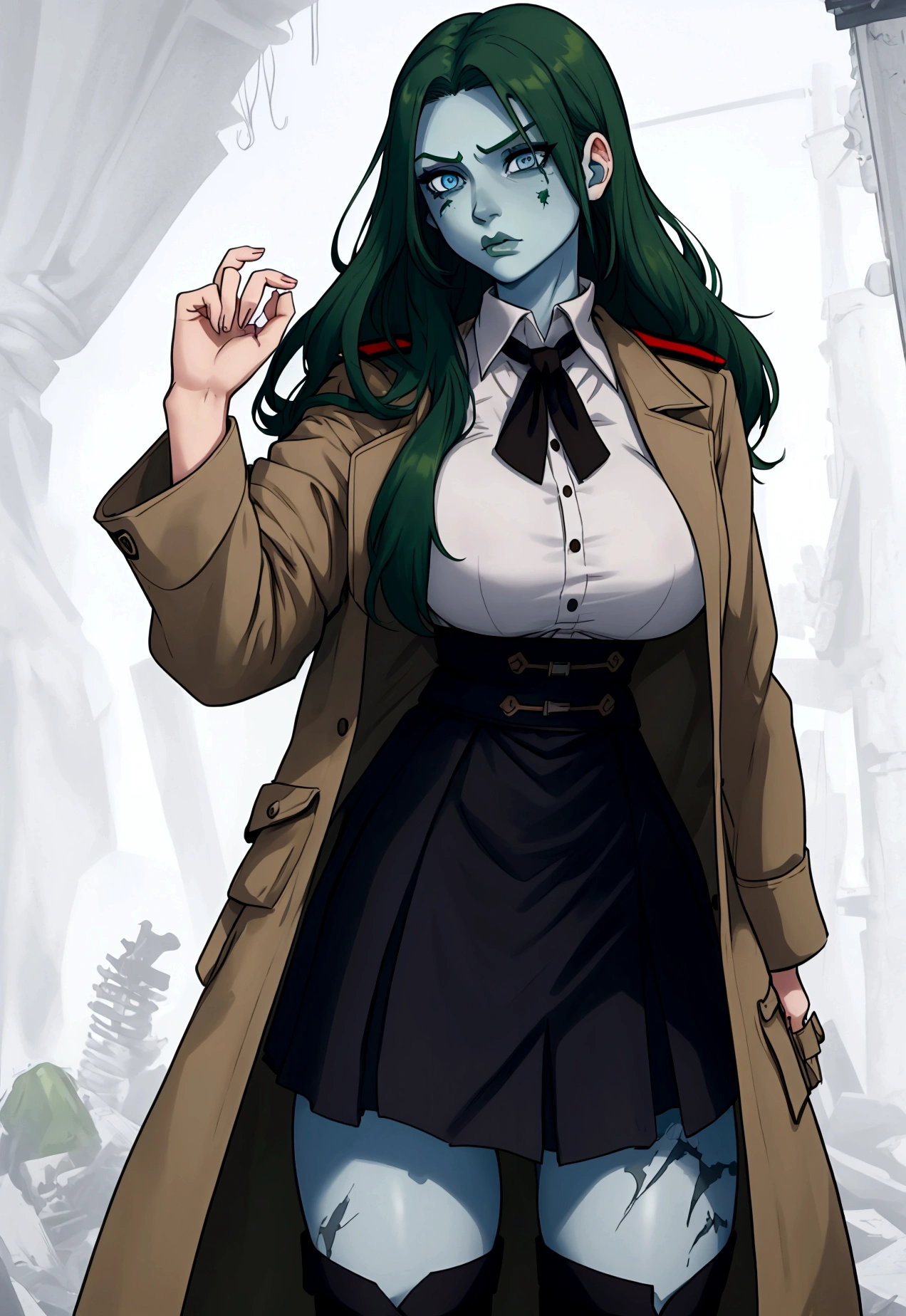 Girl with very long dark green hair, light blue eyes, White skin, small mole on your right cheekbone, big breasts, thin waist, big hips, white blouse, brown jacket, black skirt , military style boots, survivor in a zombie apocalypse.