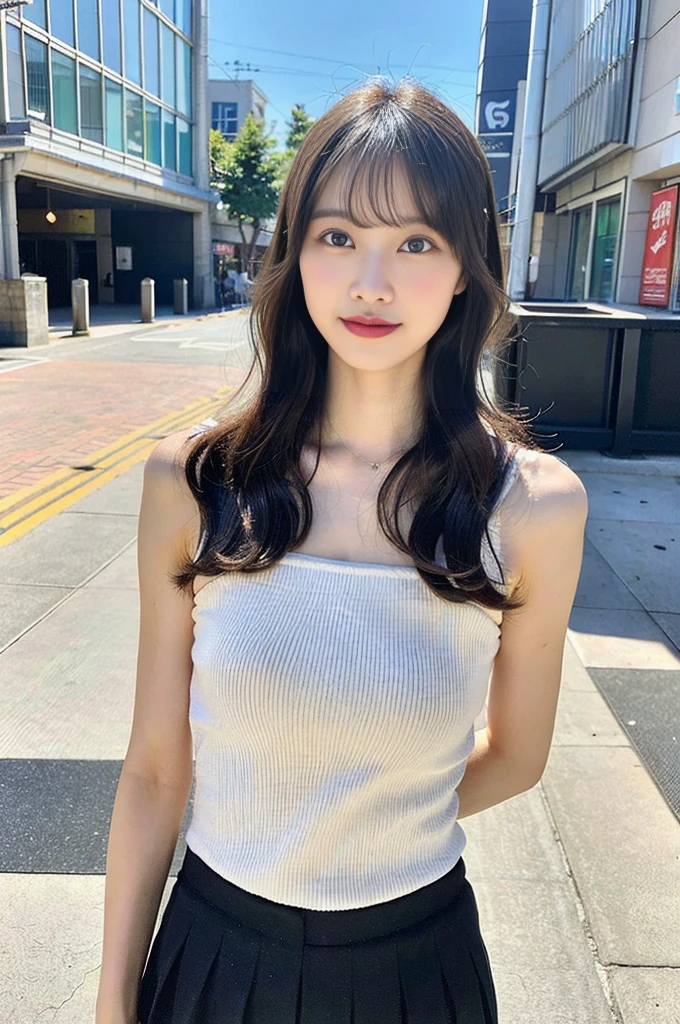 Ultra top quality, masterpiece, ultra high resolution, (photorealistic: 1.4), highly detailed CG Unity 8k wallpaper, detailed and complex, original, high resolution, raw photo, (perfect body shape), fine and complex, DSLR, soft lighting, high quality, film grain, depth of field, FUJIFILM XT3, 50mm lens, backlight, HDR, hyperreal, color grade, dynamic pose, portrait, Japan person, smile, lips, bangs, (crowded akihabara: 1.2), front view viewer, natural light, girl, 20 years old, full body, solo, student, high , sailor color, bobby socks, pleated skirt, daytime, on the street, deep shadow, cute, beauty, discreet, cold light 12000K\\ street, store status, Beach, detailed realistic, detail, skin texture, ultra detailed, realistic skin texture, (dramatic, award-winning photos, incredible masterpieces: 1.3), bandeau bikini
