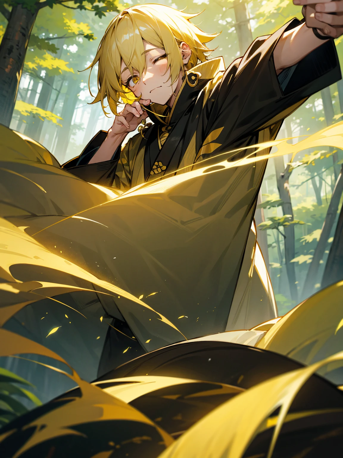 1male, black and yellow hair, young, yukata, lightning haori, sleepy expression gold eyes, forest