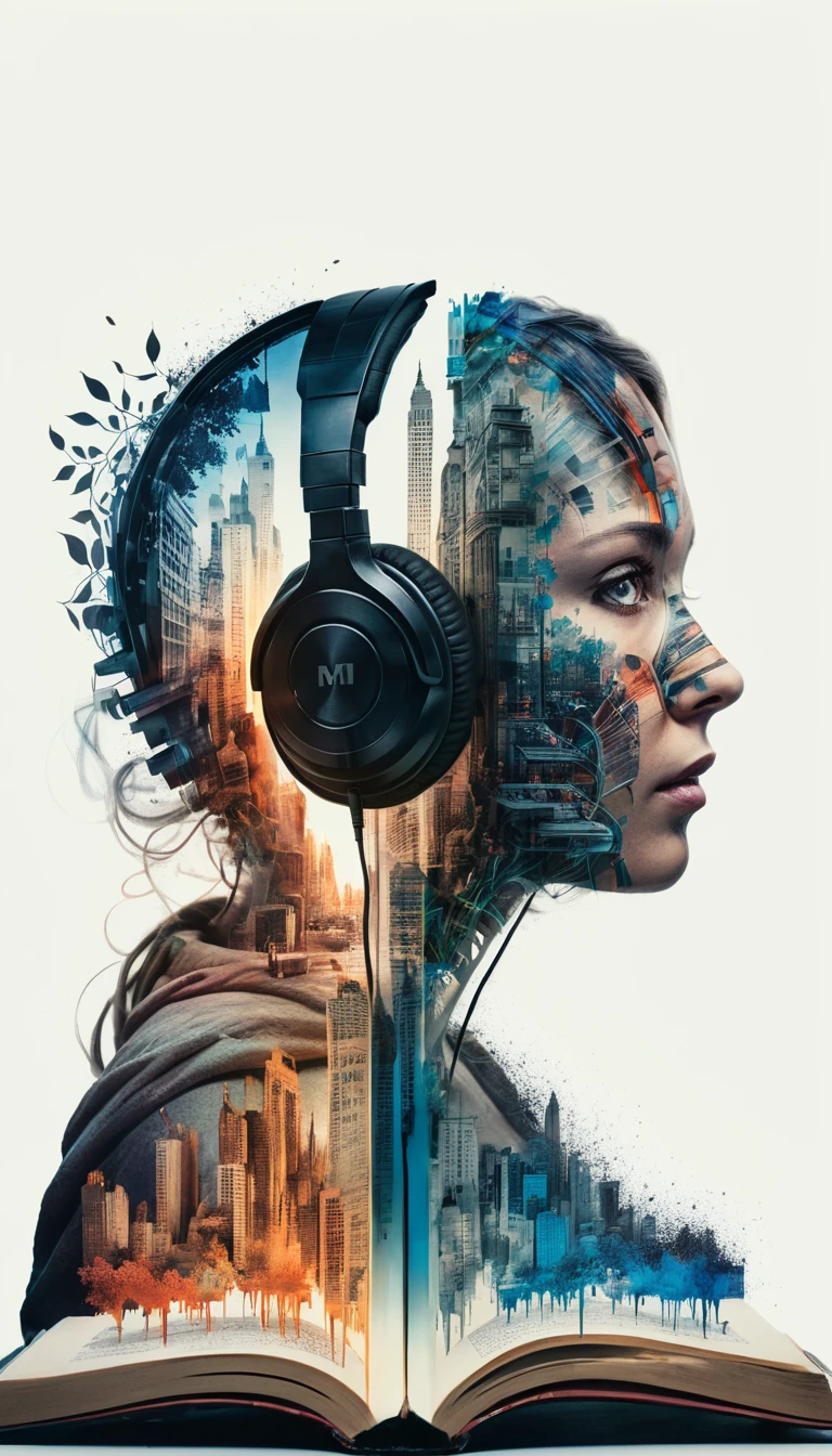 Mysterious woman wearing headphones, silhouette in a book., by Minjae Lee, Carne Griffiths, Emily Kell, steve mccurry, Geoffroy Thoorens, Aaron Horkey, Jordan Grimmer, greg rutkowski, amazing depth, double exposure, Surreal, Geometric patterns, intricately detailed, bokeh, perfect balanced, deep and thin borders, artistic photorealism , seeds, Great masterpiece from the immediate engineering manager.